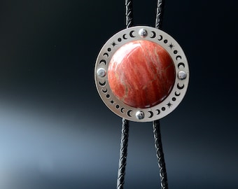 Custom Red Jasper Moon Phase Bolo Tie, sun and moon necklace, Crescent Moon Phase Necklace, Bolo Tie For Men Wedding, Mars bolo tie necklace