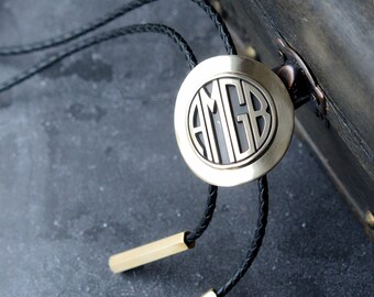 Custom Wedding Bolo Tie, Groomsmen Gift, Grooms Tie, Western Wedding Tie, Gold bolo tie with Leather, Initial Name Necklace