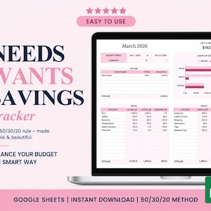 Needs Wants Savings Budget Tracker 50 30 20 Budget Planner Red Wine Pink Pastel Digital Spreadsheet for Beginners Minimalist Google Sheets