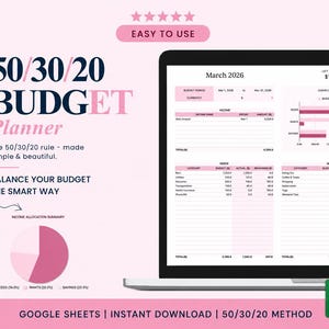 Planificador de presupuesto 50/30/20 en Google Sheets / Hoja de cálculo de presupuesto mensual / Plantilla de ahorros según necesidades y deseos / Registro de gastos