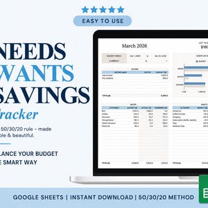 Plantilla de presupuesto de ahorro para necesidades y deseos, planificador de presupuesto mensual de Google Sheets, hoja de cálculo 50/30/20, registro de ingresos y gastos, para principiantes.