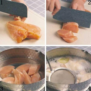 May include: A sequence of images showing the preparation of chicken. A large knife cuts raw chicken breast into pieces on a cutting board. The chicken pieces are then placed in a pot of boiling water and cooked.