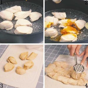May include: A series of four images showing the preparation of food. The first image shows pieces of white meat cooking in a pot. The second image shows a sauce being added. The third image shows the cooked meat. The fourth image shows the meat being flattened.
