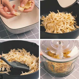 May include: A series of four images showing the preparation of shredded chicken. The process includes separating the chicken, placing it in a bowl, cooking it, and then using a food processor to further shred it. The chicken is a light tan color.