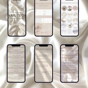 Può includere: Sei schermi di smartphone che mostrano un sistema aziendale per onicotecnici. Gli schermi presentano una copertina, un modulo di consultazione, icone per le storie, modelli di messaggi, un listino prezzi e istruzioni post-trattamento su raso crema.