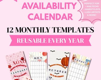 Editable Nail Tech Booking Calendar | Monthly Client Scheduling Template for Beauty pros (Canva Editable)