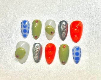 Olive Theory Press On Set • Retro Nails • Handmade Press Ons