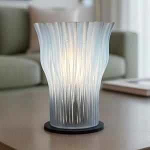May include: A decorative, translucent white and gray lamp with a textured, vertical pattern. The lamp is lit from within, creating a soft glow. It sits on a black base and is placed on a neutral-toned table. Home decor.