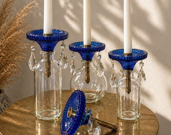 Blue Crystal Bottle Topper Candle Holder – Vintage Glass Decorative Accent