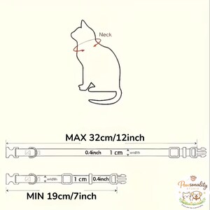 A graphic diagram of a cat collar with measurements. The maximum length is 12 inches (32cm), and the minimum length is 7 inches (19cm). The collar width is 0.4 inches (1 cm). Includes a buckle and a D-ring.