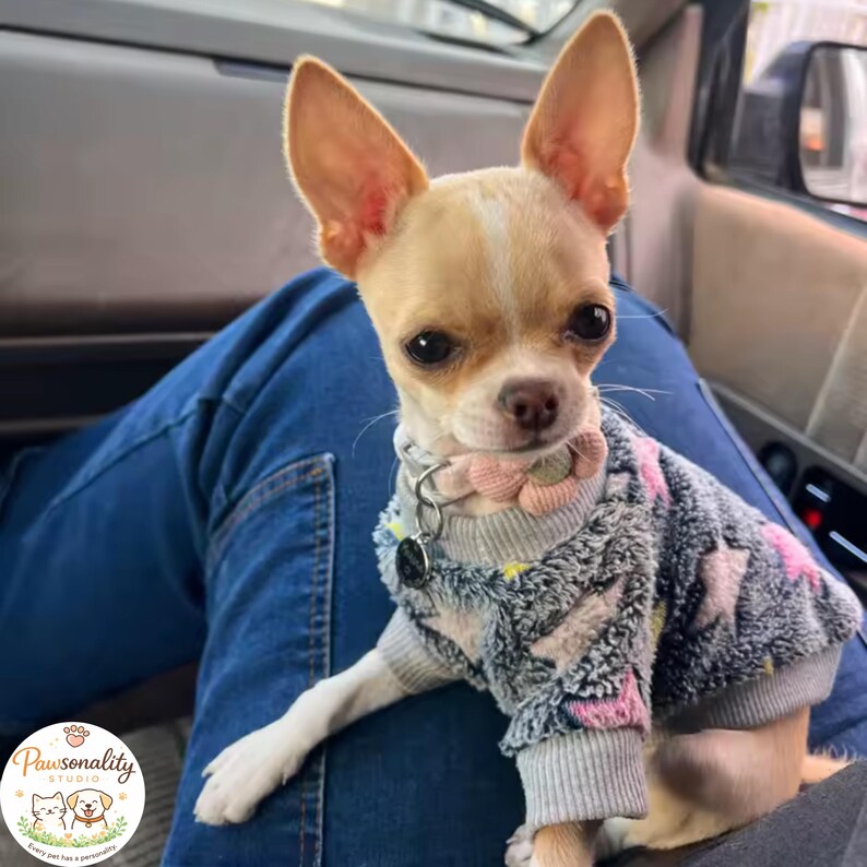 A light brown Chihuahua dog wearing the pink flower collar.