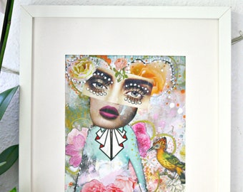 Mixed media girl art print, woman and bird art.