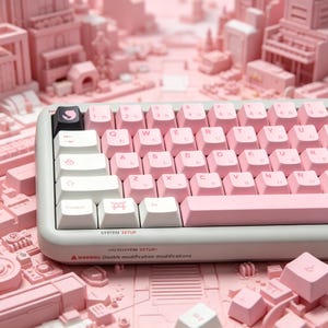 May include: A mechanical keyboard with a light gray frame and a mix of white and pink keycaps featuring alphanumeric characters and Japanese hiragana. A black escape key with a pink icon is present. The frame includes the text SYSTEM SETUP.