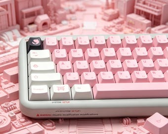 Könnte beinhalten: Eine mechanische Tastatur mit hellgrauem Rahmen und einer Mischung aus weißen und rosa Tastenkappen mit alphanumerischen Zeichen und japanischen Hiragana. Eine schwarze Escape-Taste mit rosa Symbol ist vorhanden. Der Rahmen trägt den Text SYSTEM SETUP.