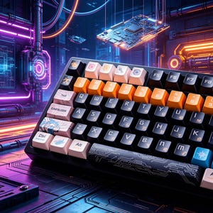 May include: A mechanical keyboard featuring a black frame and a mix of black, orange, and light pink keycaps. The keycaps display white alphanumeric characters, symbols, and various graphic icons. The spacebar has a black circuit board pattern.