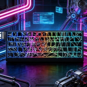 May include: A black mechanical keyboard featuring a white spiderweb pattern across the keycaps. The keyboard is illuminated with a vibrant rainbow gradient backlight, creating a glowing effect that highlights the intricate web design.