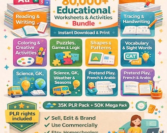 80.000+ Kinder Lernarbeitsblätter bündeln, Hausschulaktivitäten (PLR, Canva Vorlagen) (Digitaler Download