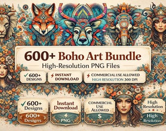 Boho Kunst bündeln | 600+ Boho PNG Designs (Digitaler Download)