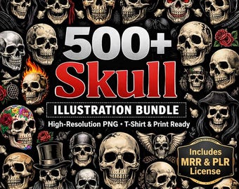 500+ Schädel-Illustrationen-Bundle | Gothic Tattoo PNG Designs (Kommerzielle Nutzung, PLR & MRR)