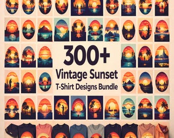 300+ Vintage Sunset T-Shirt Designs, Retro Landschaft PNG Bundle (kommerzielle Nutzung, Instant Download, HD)
