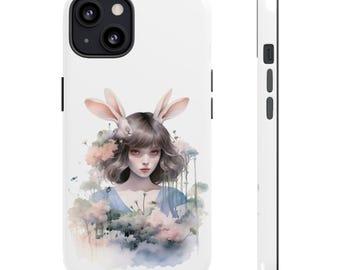 Bunny Girl Porträt Handytasche | Aquarell Hasenohren, Blumen Fantasie