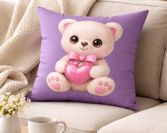 Teddybär Dekokissen | Rosa Herz, Lila Kinderzimmer Dekor