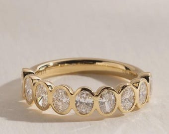 14k Yellow Gold Oval Cut Moissanite Bezel Set Half Eternity Band Oval Cut Colorless Moissanite Wedding Band Oval Cut Stacking Matching Band