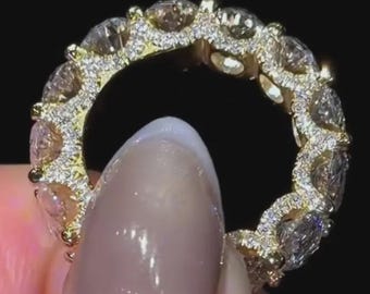 Big 7MM Oval Cut Moissanite Hidden Halo U Prong Full Eternity Wedding Band Oval Moissanite Band Micro Pave Band Oval Diamond Matching Band