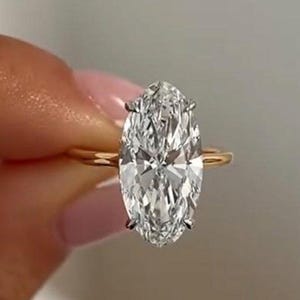 Anillo de moissanita ovalada con forma de Moval de 4 quilates, anillo de boda con halo oculto, anillo solitario alargado con forma de Moval, anillo de oro macizo de 14 quilates, anillo de regalo de aniversario.
