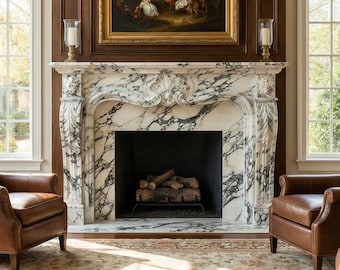 May include: A classic living room with a marble fireplace and a painting above. Four brown leather armchairs are arranged around a patterned rug. The room has large windows and a warm, inviting atmosphere.