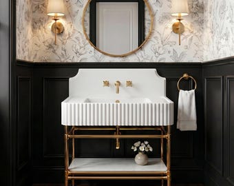 Carrara Marble Sink Brass Gold Console Vanity | Modern Bathroom Basin Metal Frame Shelf | Luxury Freestanding Powder Room Washstand