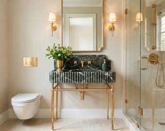 Calacatta Green Marble Vanity Sink with Brass Console Legs, Hand Carved Fluted Marble Sink, Luxury Bathroom Vanity, Custom Stone Washbasin