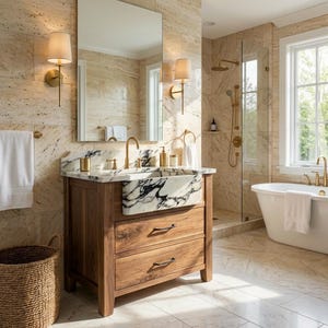 Op de afbeelding: Een luxe badkamer met een houten wastafel met een marmeren wastafel met zwarte adering. De kamer heeft een grote spiegel, wandverlichting, een glazen douche en een vrijstaand bad. Het kleurenpalet is neutraal met gouden armaturen en een rieten mand.