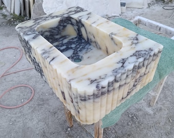 Lavabo cannelé en marbre Calacatta Viola style Lavabo mural, meuble-lavabo flottant fait main en pierre, lavabo de salle de bain en pierre, salle d'eau de luxe