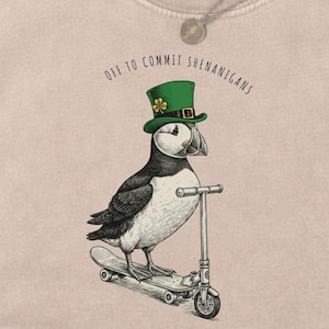 Off to Commit Shenanigans Puffin Scooter Shirt, Funny St Patricks Day Pun T-Shirt, Paddy's Tee, Comfort Colors Graphic, Shamrock Party Shirt