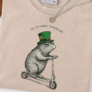 Maglietta Comfort Colors "Off to Commit Shenanigans Frog Scooter", maglietta divertente con meme per il giorno di San Patrizio, maglietta con gioco di parole irlandese, regalo per la festa del trifoglio