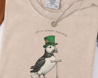 Koszulka Comfort Colors Off to Commit Malarkey Puffin, zabawna koszulka na Dzień Świętego Patryka, irlandzka koszulka na Dzień Świętego Patryka, koszulka imprezowa z koniczyną