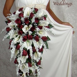 ANGIE BURGUNDY silk flowers babies breath roses calla lilies ivy bouquets bow ribbon satin stephanotis pearls, blossoms, rosebuds, diamond