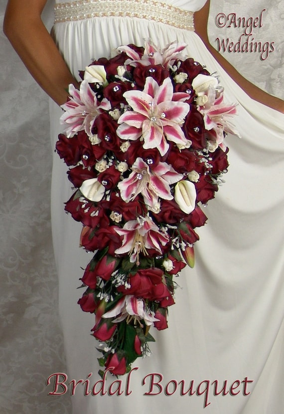 TIGER LILY BURGUNDY Bridal Groom Wedding Silk Flowers Roses Rosebuds Calla  Lilies Bouquets Bouquet Bow Ribbon Satin Diamond Bridesmaid Love - Etsy