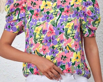 Purple Floral Print Puff Short Sleeve Crew Neck Blouse