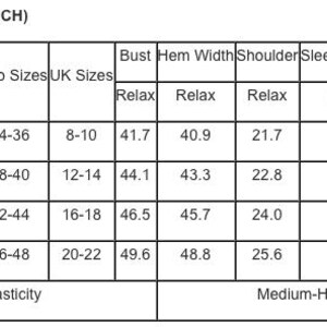 May include: A white size chart for tops, labeled "TOP Size Chart (INCH)". It includes US, Euro, and UK sizes, along with measurements in inches for bust, hem width, shoulder, sleeve length, and length. The elasticity is medium-high.