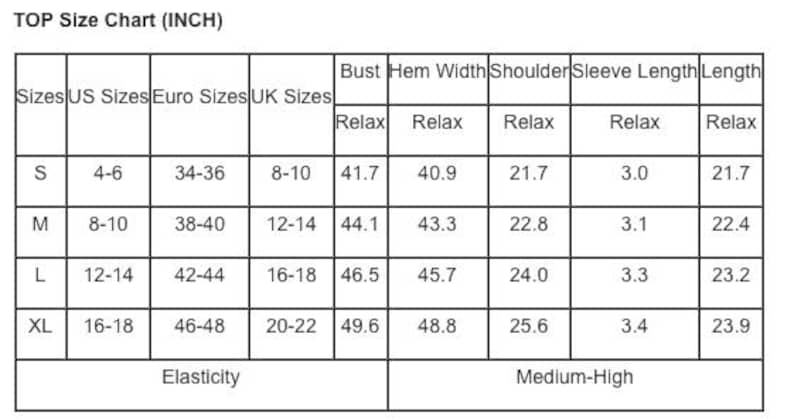 May include: A white size chart for tops, labeled "TOP Size Chart (INCH)". It includes US, Euro, and UK sizes, along with measurements in inches for bust, hem width, shoulder, sleeve length, and length. The elasticity is medium-high.