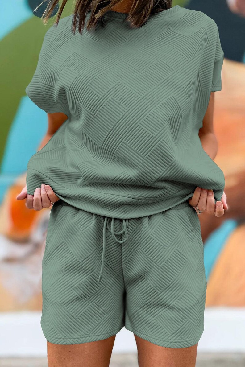 Mineral Blue Textured Short Sleeve Top and Shorts Set Mineral Blue