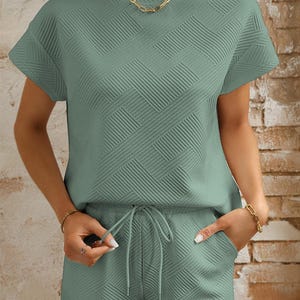 Mineral Blue Textured Short Sleeve Top and Shorts Set image 6