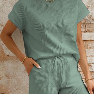 Mineral Blue Textured Short Sleeve Top and Shorts Set image 5