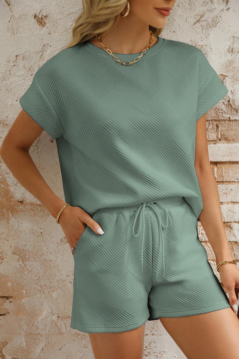 Mineral Blue Textured Short Sleeve Top and Shorts Set image 5