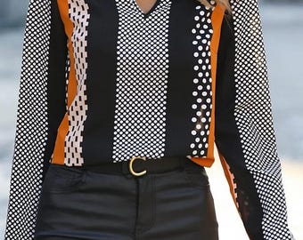 Orange Geo Print Colorblock Notched V Neck Blouse