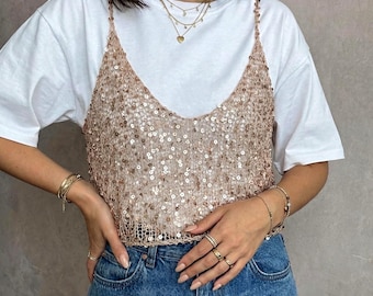 Hand Knit Sequin Top – Sparkly Knitwear, Statement Glitter Sweater, Handmade Party Top