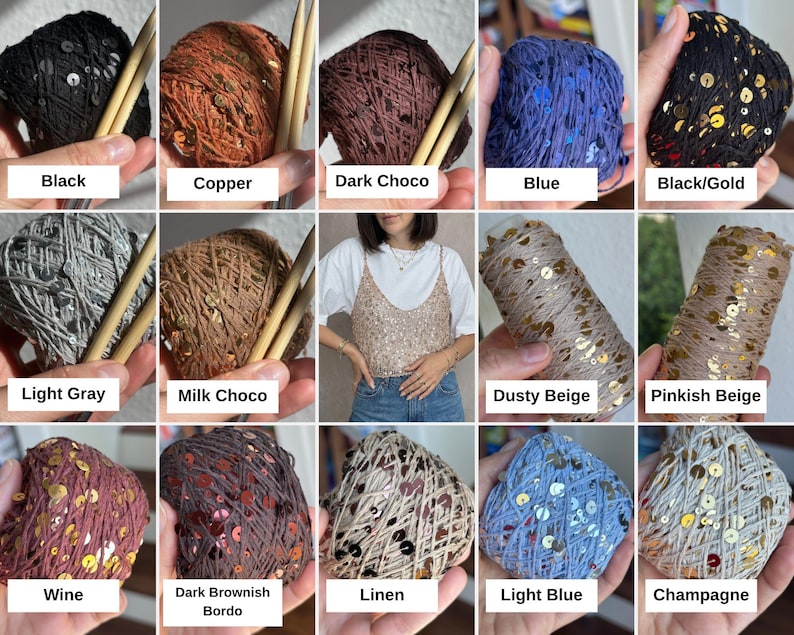 May include: A collection of fifteen yarn balls featuring various colors including black, copper, dark chocolate, blue, black and gold, light gray, milk chocolate, dusty beige, pinkish beige, wine, dark brownish bordo, linen, light blue, and champagne.