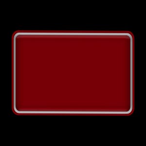 Puede incluir: Un objeto rectangular de color granate con esquinas redondeadas y un borde blanco, sobre un fondo negro. El objeto tiene un acabado brillante, creando una superficie lisa y reflectante.